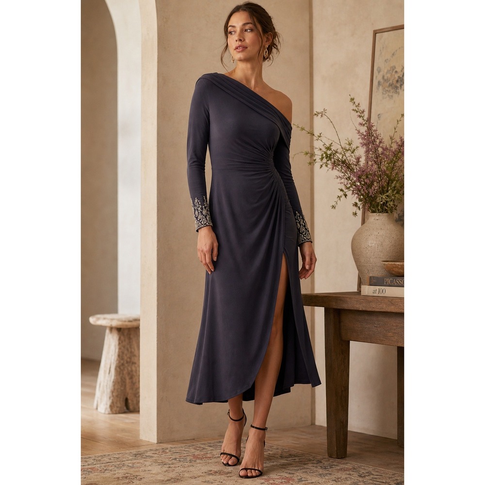 Ieena for Mac Duggal NWT Gray Embellished One Shoulder Evening Dress Gown- 8